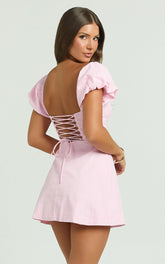 Ginny Mini Dress - Square Neck Ruched Bodice Puff Sleeve Straight Dress in Pink